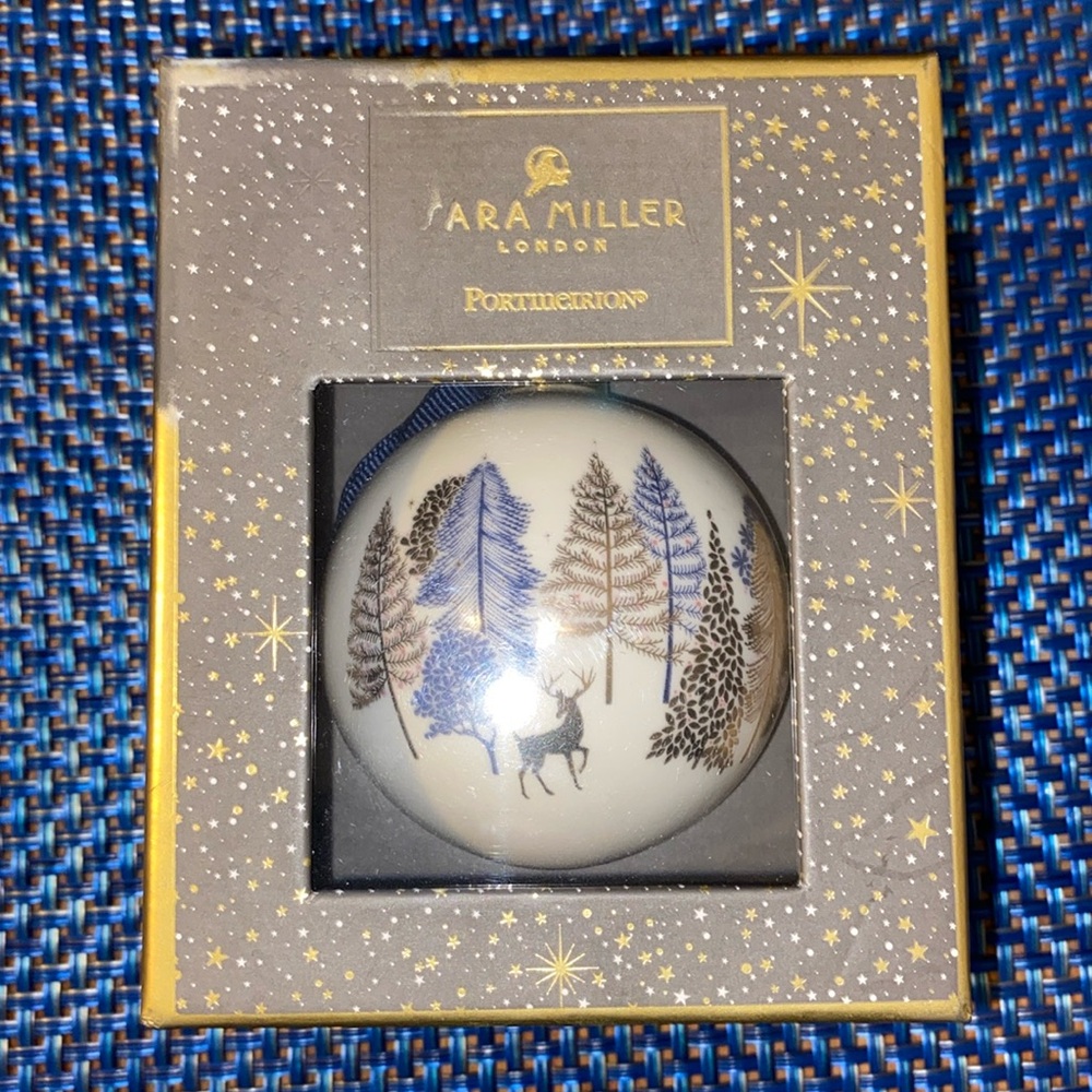 Sara Miller Portmeirion Christmas Ornament “Prancing Deer” white, blue, gold